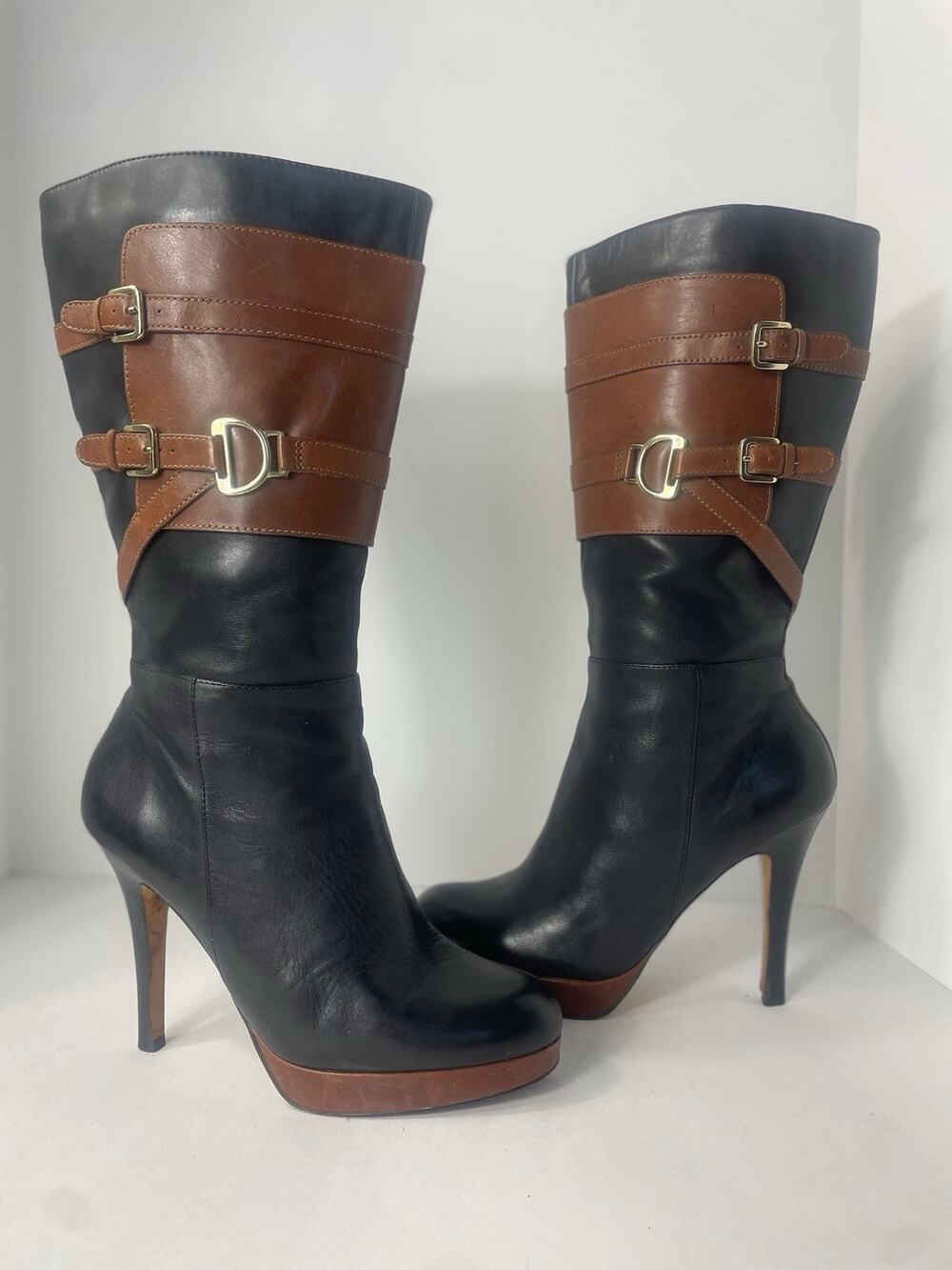 Cole Haan Carolyn Air Leather Boots 9.5 Equestrian Black/Brown Platform Side Zip